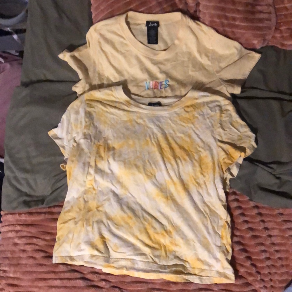 2Pac yellow vibes shirt and yellow tie-dye shirt
